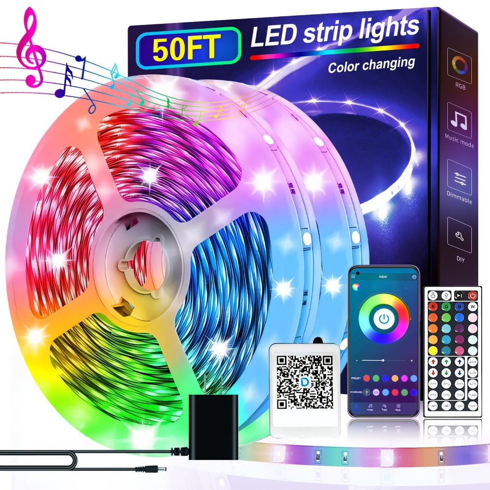 RGB LED Smart Light Strip 200FT Music Sync Color Changing – 44-Key Remote, Multi-Color Adjustable, Adhesive Install | Living Room, Bedroom, Gaming Room & Home Decoration