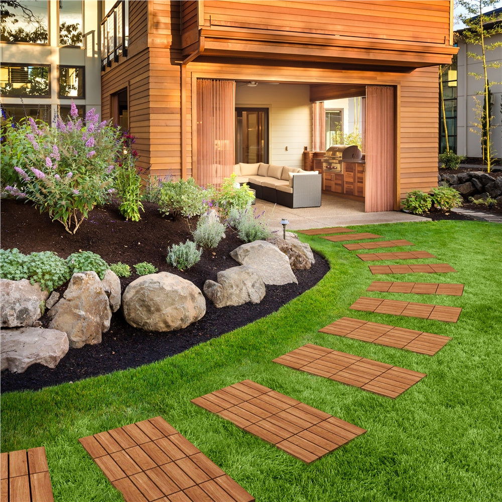 Acacia Wood Deck Tiles Interlocking Outdoor Flooring, Water-Resistant Non-Slip Patio Tiles, Easy Snap DIY Installation for Deck, Garden, Poolside, Balcony – 10pcs & 27pcs Sets Available