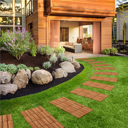 Acacia Wood Deck Tiles Interlocking Outdoor Flooring, Water-Resistant Non-Slip Patio Tiles, Easy Snap DIY Installation for Deck, Garden, Poolside, Balcony – 10pcs & 27pcs Sets Available