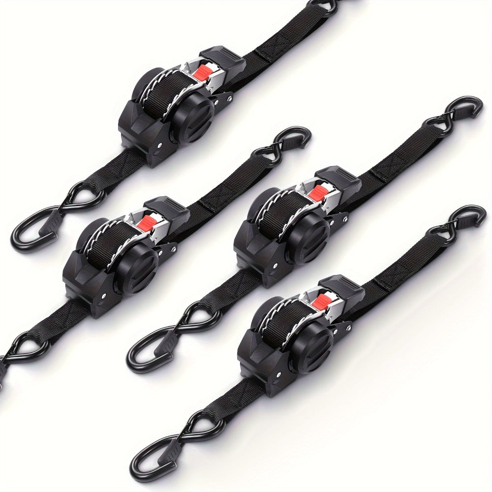 Ratchet Tie-Down Straps with Auto-Retract & Speed Control – Heavy-Duty Cargo Securing Kit with Hooks & Storage Bag | Motorcycle Transport, Towing & Truck Bed Load Securing