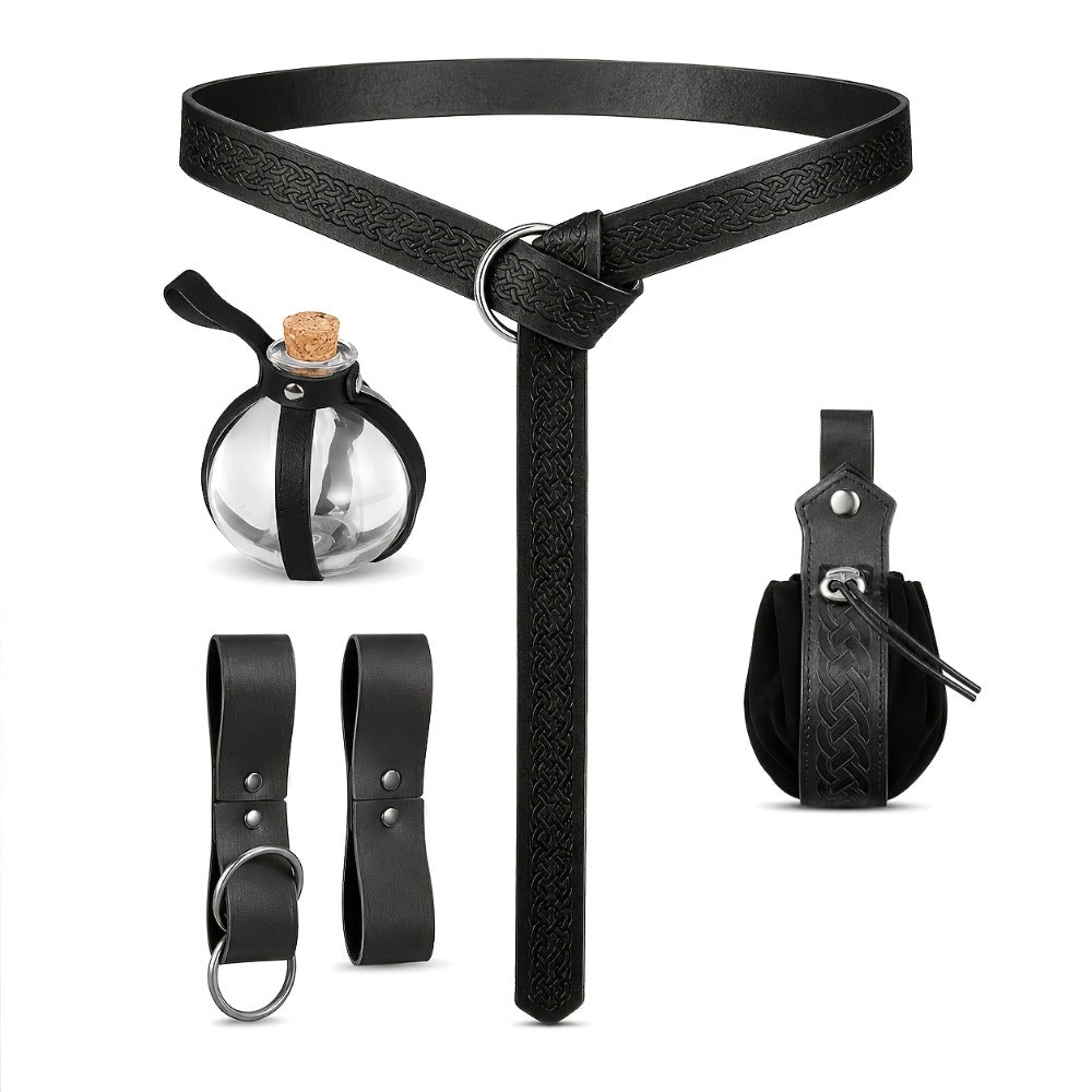 Costume Accessories 5-Piece Medieval Belt Set with Harness, Pouch, Bottle Holder and Two Color Options