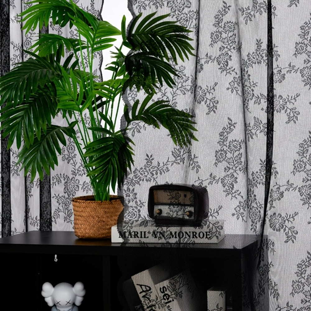 Two-Panel Floral Lace Window Curtain Set with Rod-Pocket Top, Three Colors and Six Metric Size Options