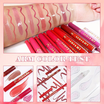 Lip Liner and Lip Gloss Kit 13 Piece Matte Non-Stick Waterproof Pigmented Long-Lasting Moisturizing Lip Glaze Combo Set for Defined Glossy Lips Women Girls
