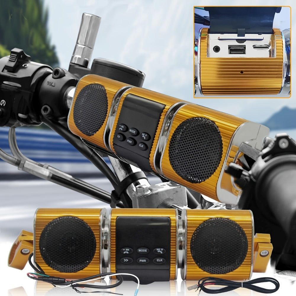 Motorcycle Bluetooth Speaker Sound Bar with Built-in Amplifier – IPX5 Waterproof, FM Radio, USB & AUX Input, 12V Metal MP3 Player for Handlebar, ATV, Scooter & Off-Road Bike