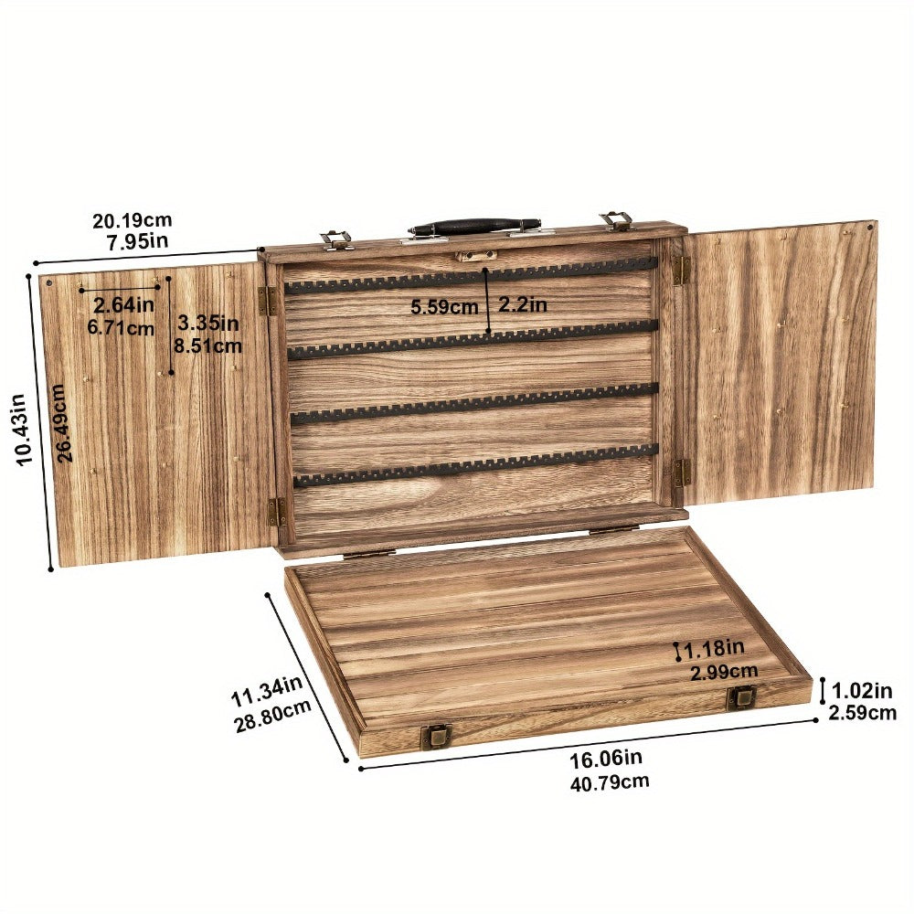 Burnt-Wood Jewelry Display Case with Carry Handle, Buckle Closure and Multi-Section Earring Card Storage