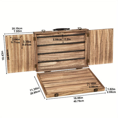 Burnt-Wood Jewelry Display Case with Carry Handle, Buckle Closure and Multi-Section Earring Card Storage