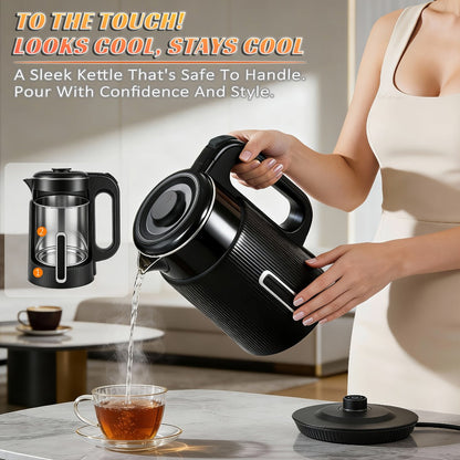 Electric Kettle 1.7L 1000W Double-Wall Stainless Steel with LED Indicator and 360-Degree Base