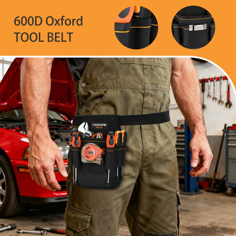 Seven-Pocket Tool Organizer Bag in Black with Open Compartments and Portable Carry Handles for Jobsite Storage