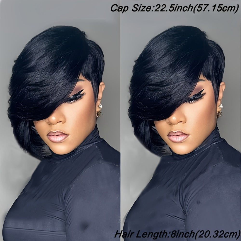 Layered Pixie Human Hair Wig with Side Bangs in #4 Brown, #99J Burgundy or #1 Black Color Options