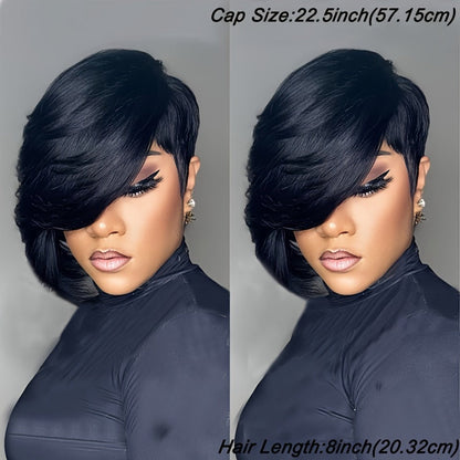 Layered Pixie Human Hair Wig with Side Bangs in #4 Brown, #99J Burgundy or #1 Black Color Options