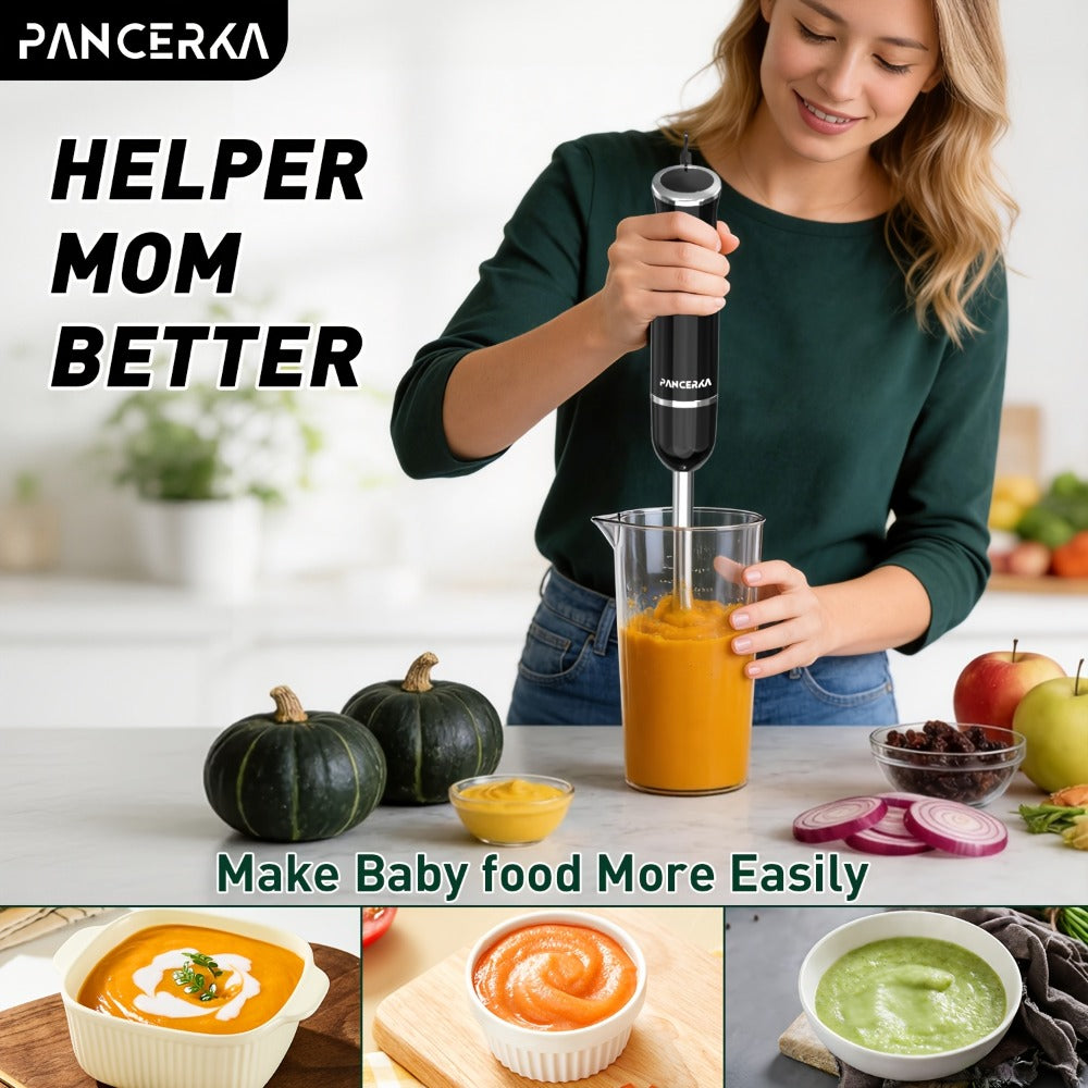 Black 8-in-1-Labeled Immersion Blender Set with 600ml Chopper, Dough Hooks, Whisk and Frother