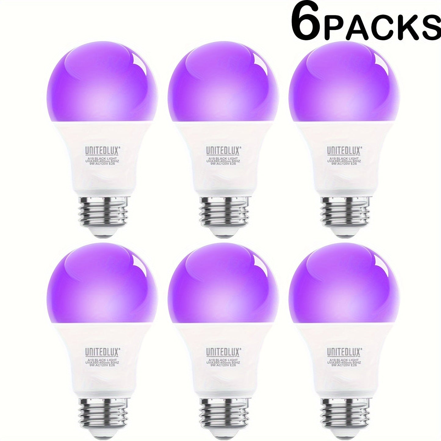 Black Light Bulbs 6 Pack A19 E26 LED UV Bulbs 9W 60W Equivalent 390-400nm UVA Glow in the Dark for Party Neon Poster Body Art Halloween Indoor Use 120V Shatterproof