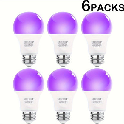 Black Light Bulbs 6 Pack A19 E26 LED UV Bulbs 9W 60W Equivalent 390-400nm UVA Glow in the Dark for Party Neon Poster Body Art Halloween Indoor Use 120V Shatterproof