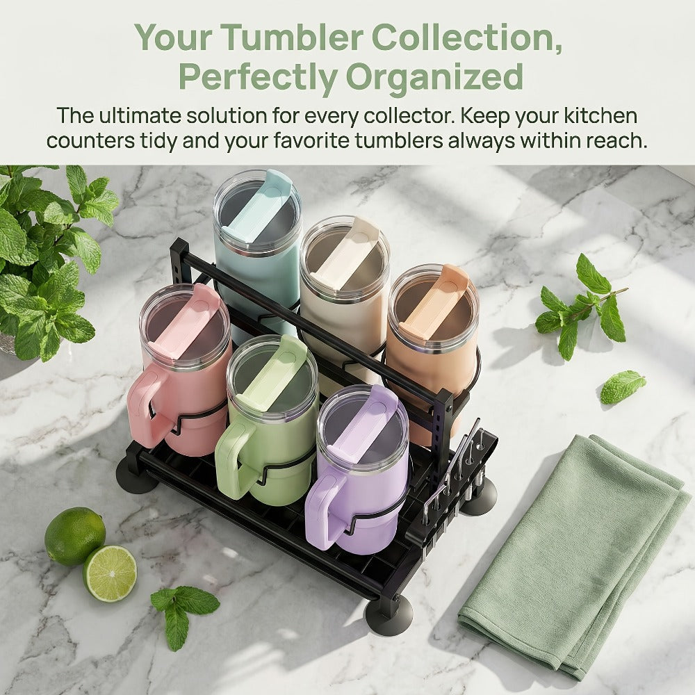 Six-Grid Adjustable Cup and Tumbler Storage Rack with Vertical Dividers, Drip Tray and Countertop Feet