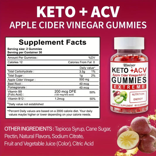 Keto ACV Gummies with Pomegranate Beet Juice B12 Vitamin C Vegan 60 Count for Women Men – Apple Cider Vinegar Gut Health Immune Support Energy Boost Daily Wellness Supplement
