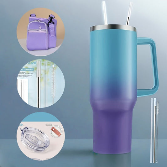 Insulated Tumbler 40 Oz with Carry Bag & Handle – Stainless Steel Thermos with Straw & Spout Lid – Ice Compatible Gym Water Bottle & Travel Mug – Pink Blue Gradient Gift for Women & Teens