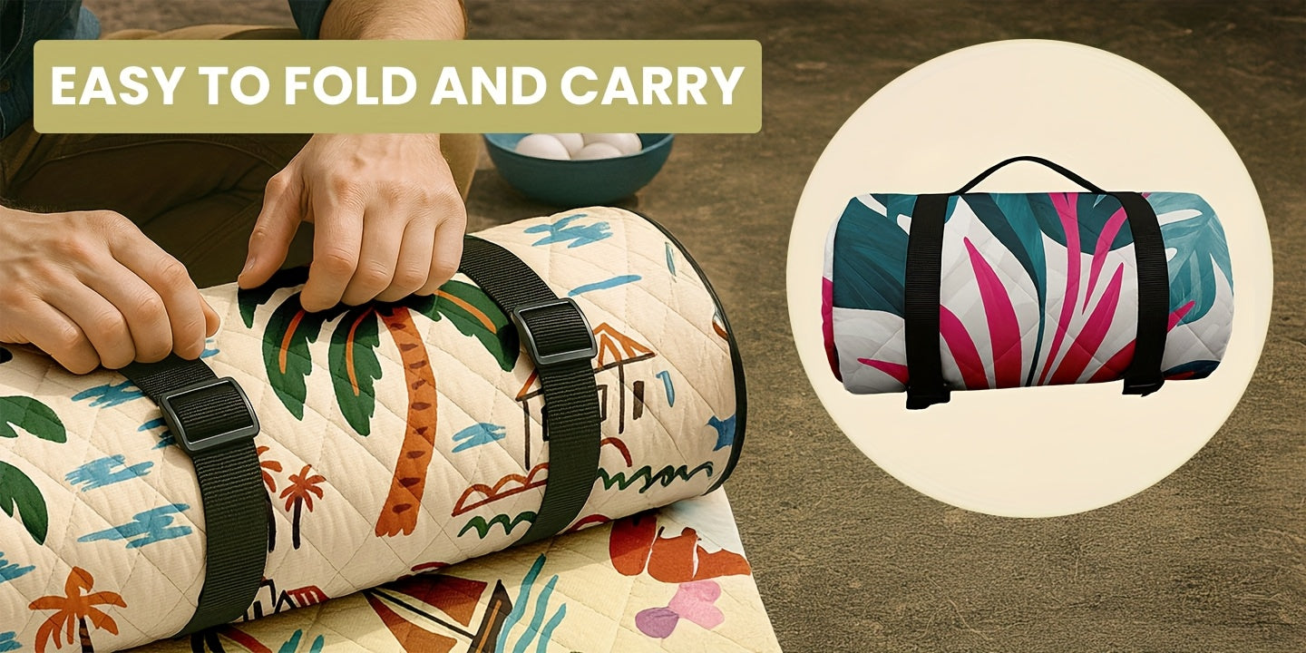 Large Padded Picnic Blanket with Carry Straps in Geometric, Palm-Village or Tropical Leaf Prints