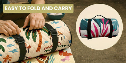 Large Padded Picnic Blanket with Carry Straps in Geometric, Palm-Village or Tropical Leaf Prints