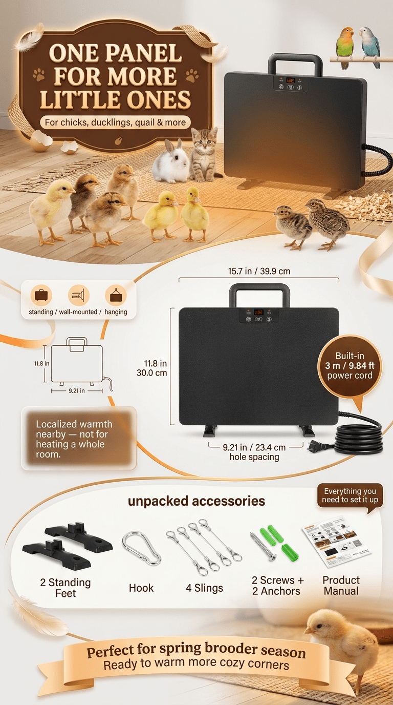 Brooder Heater 250W Heating Panel for Chicks, Ducklings & Quail | 3 Heat Levels, 4-Timer Settings, Digital Display, Dual Thermostat – Smart Heat Lamp Alternative for Coop & Brooder