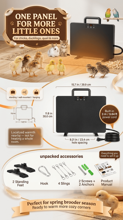 Brooder Heater 250W Heating Panel for Chicks, Ducklings & Quail | 3 Heat Levels, 4-Timer Settings, Digital Display, Dual Thermostat – Smart Heat Lamp Alternative for Coop & Brooder