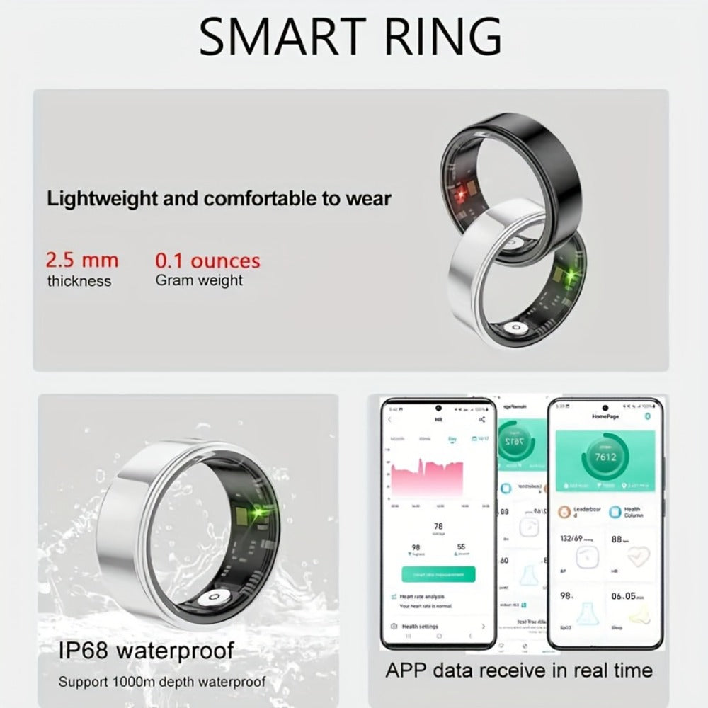 Smart Ring Fitness Tracker with Charging Case – Sleep Tracker Step Counter Distance Monitor for Women & Men | Sizes 7-13 | Black Silver Gold | iPhone & Android | USB Rechargeable | Health Gift