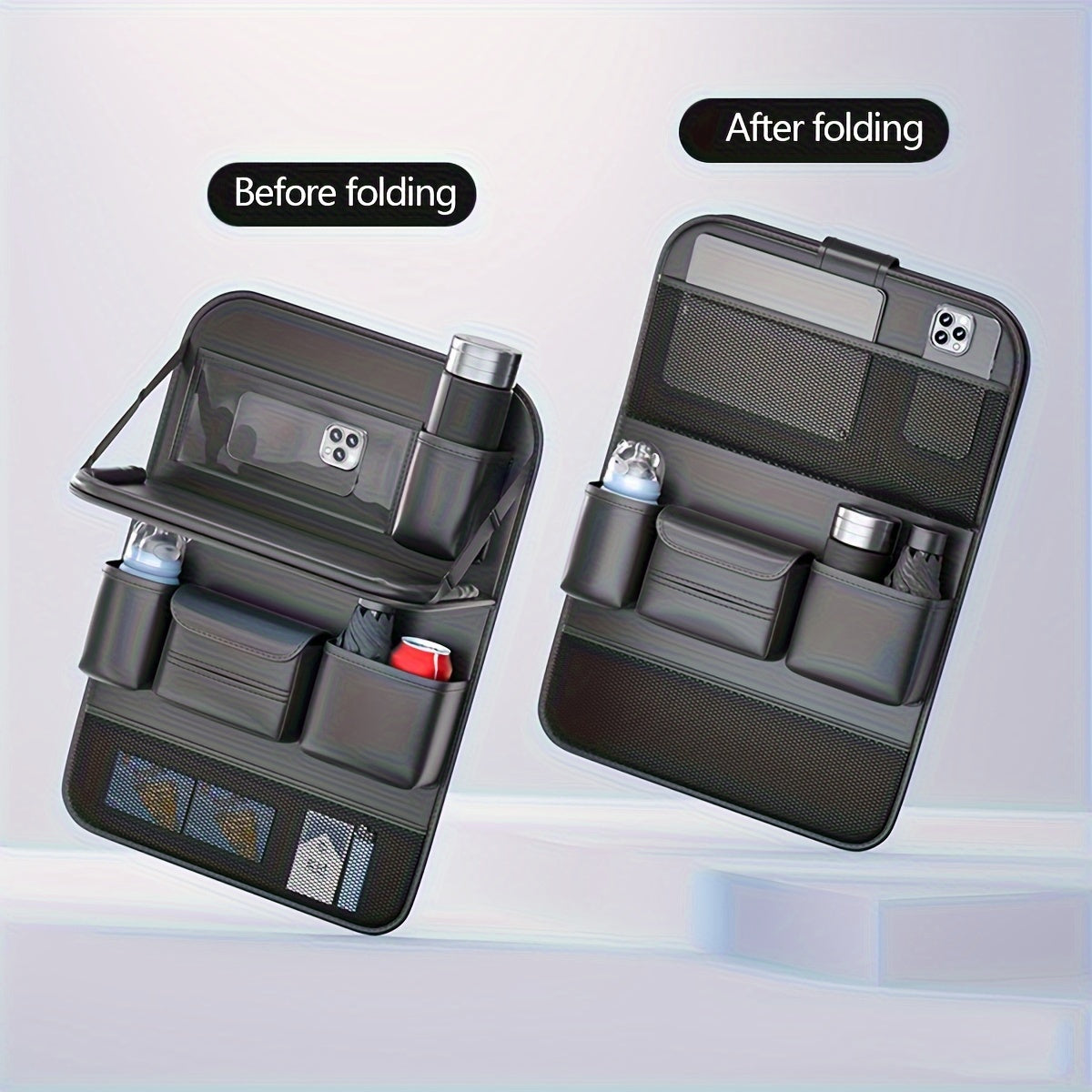 Car Seat Back Organizer PU Leather - Foldable Dining Table, Cup Holder, Multi-Pocket Storage Bag, Universal Fit Back Seat Travel Organizer for Kids & Passengers, 1pc or 2pc Set