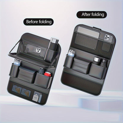Car Seat Back Organizer PU Leather - Foldable Dining Table, Cup Holder, Multi-Pocket Storage Bag, Universal Fit Back Seat Travel Organizer for Kids & Passengers, 1pc or 2pc Set