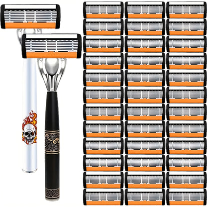 Beard Razor for Men 6-Layer Stainless Steel Blades Premium Metal Handle 36 Replaceable Blades – Mustache Grooming Shaver Ultra-Close Traditional Shaving Kit for Daily Use Gift for Him