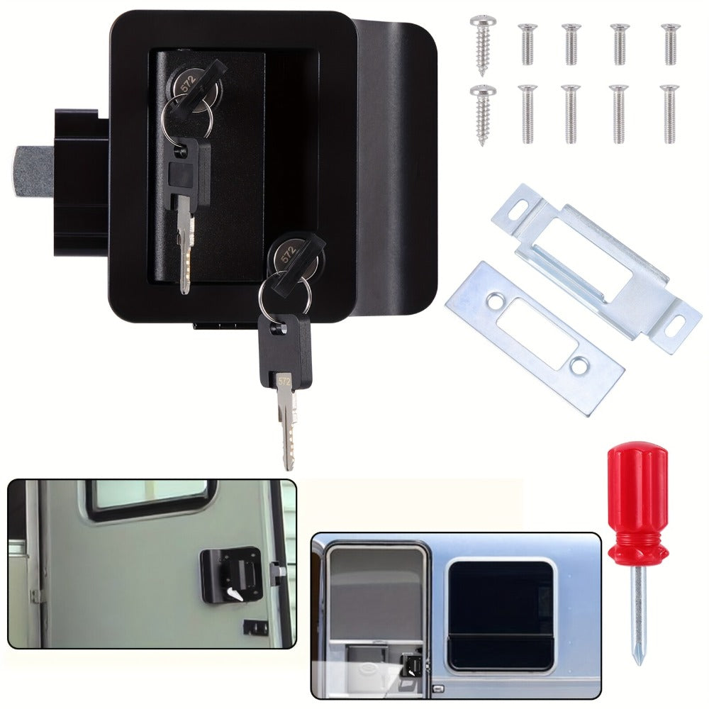 RV Door Lock Replacement – Travel Trailer Entry Door Lock with Deadbolt, Fits 2-3/4" x 3-3/4" Hole, 1-1/4" to 1-1/2" Door Thickness, Zinc Alloy, Includes 4 Keys, Compatible with Cargo & Horse Trailers