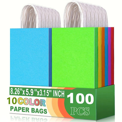 Paper Gift Bags with Handles Bulk 20/40/100pcs – Rainbow Colorful Kraft Party Favor Bags for Kids Birthday, Baby Shower, Wedding, Graduation, School Events & Retail Packaging, 10 Bright Colors