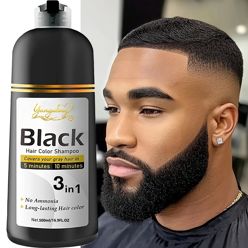 Black Hair Dye Shampoo for Men & Women 500ml — Natural Plant Pigments, Fast Gray Coverage for Hair & Beard, Gentle Scalp-Safe Formula, No Mix No Ammonia, Long-Lasting Color, 16.9 fl oz