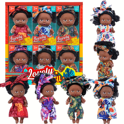 Mini Baby Doll Six-Piece Set with Dark Skin Tones, 4.53-Inch Dolls, Curly Hair and Patterned Outfits