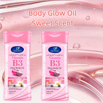 Vitamin B3 Body Oil, Two-Piece Set of 200ml Flip-Top Bottles with Coordinated Pink Niacinamide Labels