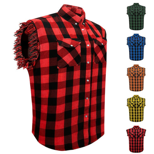 Men's Plaid Sleeveless Shirt with Fringe Hem, Checkered Cotton Button-Up Vest Top, Crew Neck Regular Fit for Streetwear Beach Vacation, Sizes M-XXXXL, Multi-Color