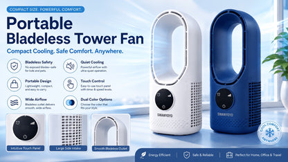 Portable Bladeless Fan USB Tower Fan, Desktop Air Conditioner Fan with Water Mist Cooling, Remote Control, Touch Screen, 7-Color LED Ambient Light and Timer, Personal Cooling Fan for Office, Travel, Camping, Home