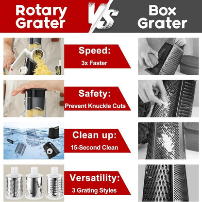 Rotary Cheese Grater – Stainless Steel Hand Crank Shredder with 3 Interchangeable Blades, Non-Slip Suction Base & Cleaning Brush, BPA-Free Vegetable Grater for Cheese, Nuts & Vegetables