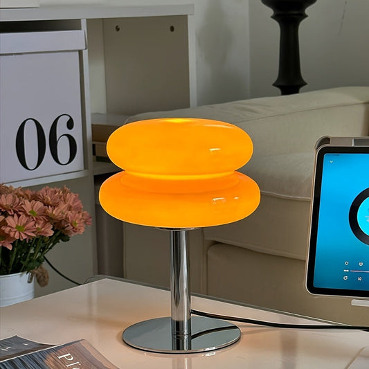 Table Lamp with Orange Three-Tier Glass Mushroom Shade, Metal Stand and Dimmable Bedside Format