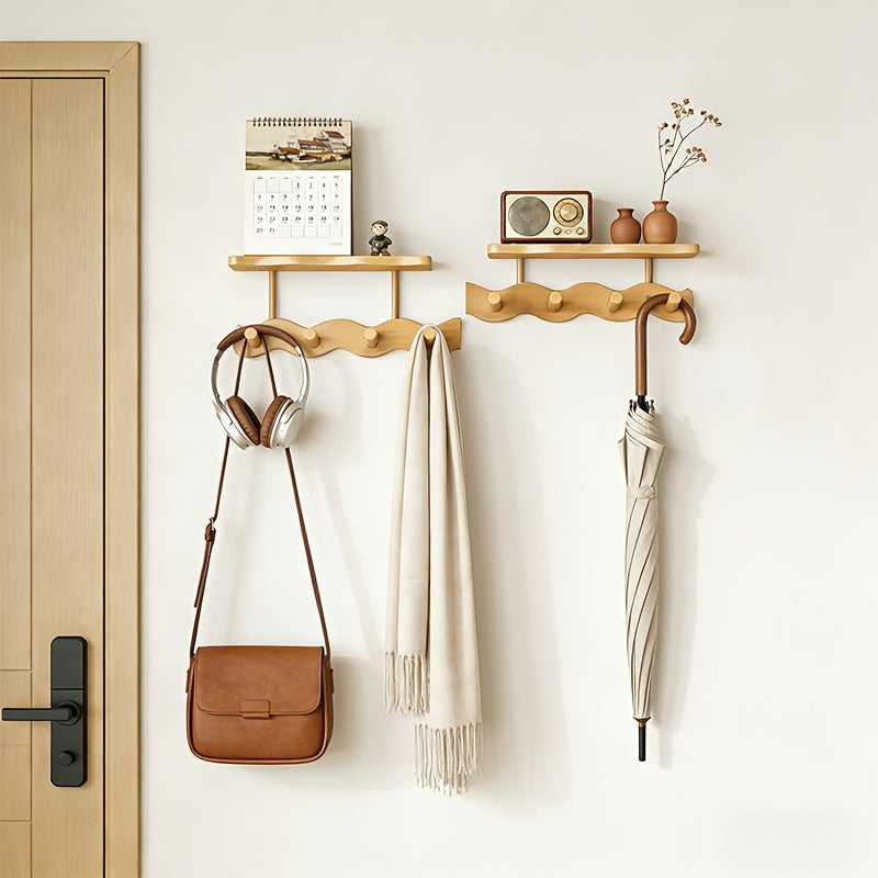 Coat Rack Wall Mounted Wood-and-Metal Organizer with Upper Shelf and 4 or 8 Hooks for Entryway Storage