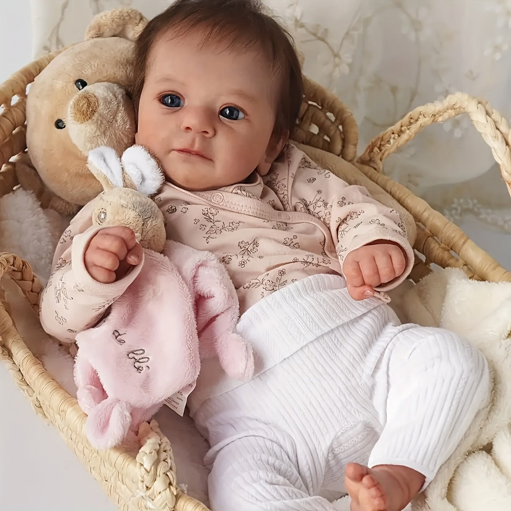 Reborn Baby Doll 16-Inch Cloth Body with Vinyl Limbs, Rooted Brown Hair, Open Eyes and Pink Outfit Set