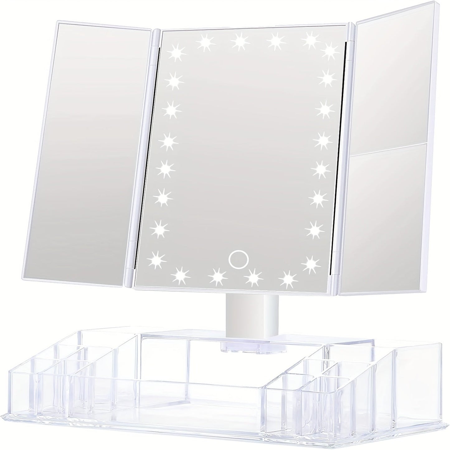 Makeup Mirror Tri-Fold Vanity with 24 LEDs, 1X 2X and 3X Panels, Touch Dimming, Storage Base and Dual Power