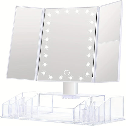 Makeup Mirror Tri-Fold Vanity with 24 LEDs, 1X 2X and 3X Panels, Touch Dimming, Storage Base and Dual Power