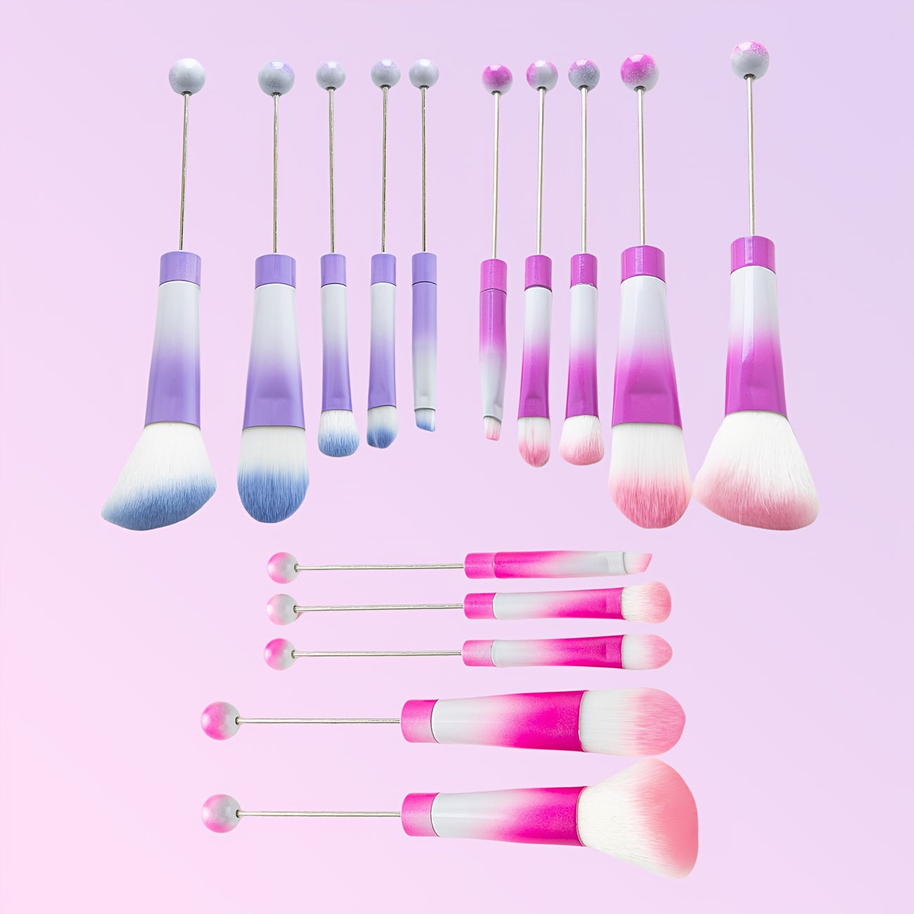 Makeup Brush Set, 15-Piece Bead-Ready Metal Handle Collection with Powder, Blush, Eyeshadow and Angled Brush Shapes