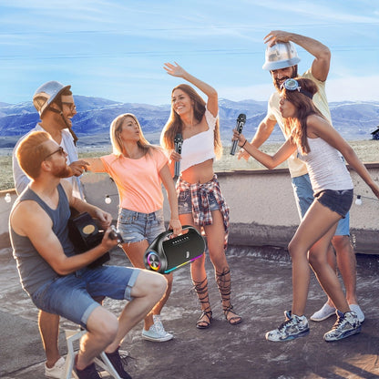JYX D20 Portable Bluetooth Boombox Speaker with 3D Surround Sound, RGB Disco Lights, Deep Bass Boost, TWS Stereo, 8-10H Playtime, MicroSD USB AUX for Outdoor Party, Camping & Indoor Use