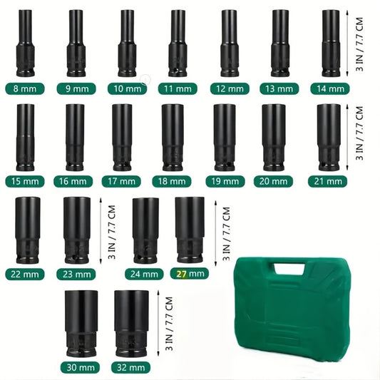 Impact Socket Set 10-20pcs 1/2" Drive Metric Deep CR-V Steel 8mm-32mm Extended Hex Socket Automobile Repair Tool Kit