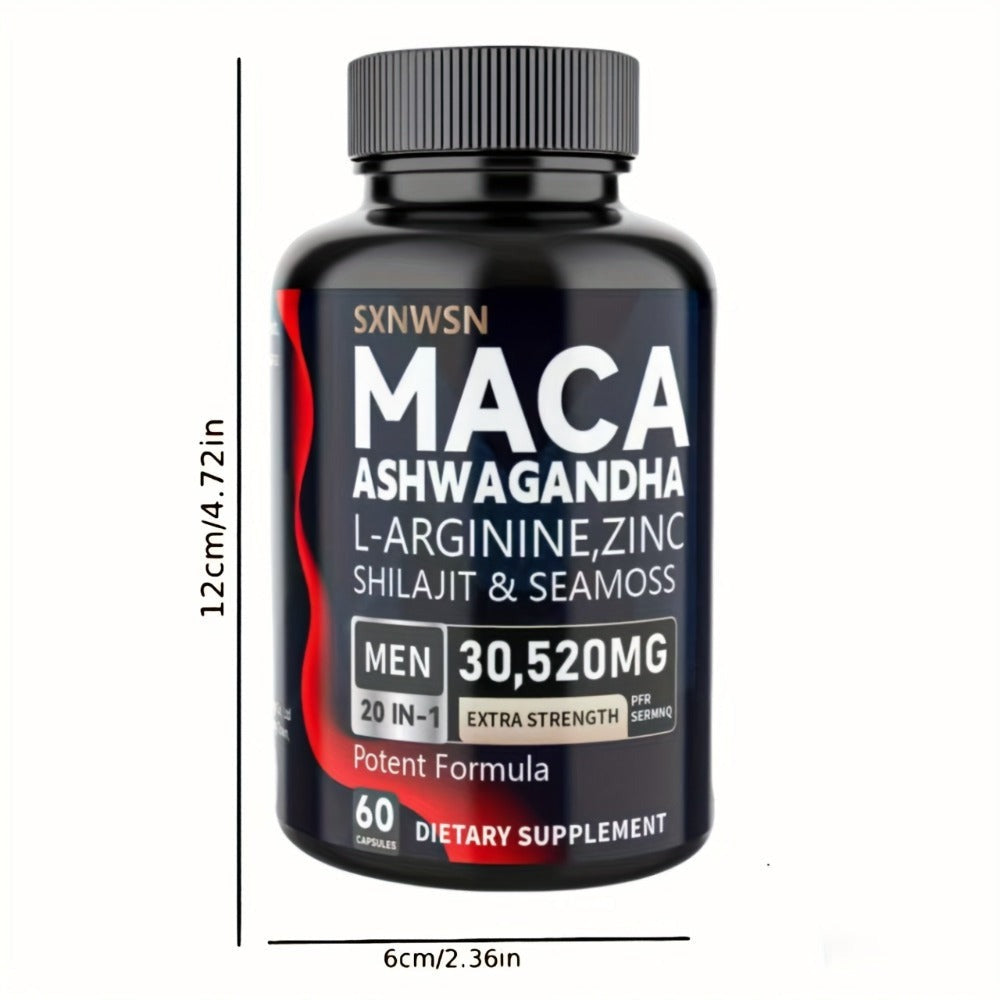 Dietary Supplement Capsules with SXNWSN Label, Sea Moss, Shilajit, Maca, L-Arginine and 60 or 120 Count