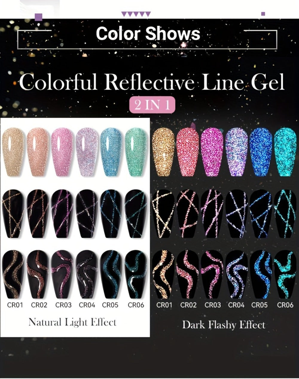 Reflective Liner Nail Art Gel Six-Bottle Set with 5ml CR01 to CR06 Colors and Slim Brushes for Detail Lines