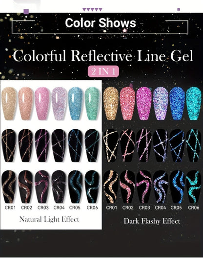 Reflective Liner Nail Art Gel Six-Bottle Set with 5ml CR01 to CR06 Colors and Slim Brushes for Detail Lines