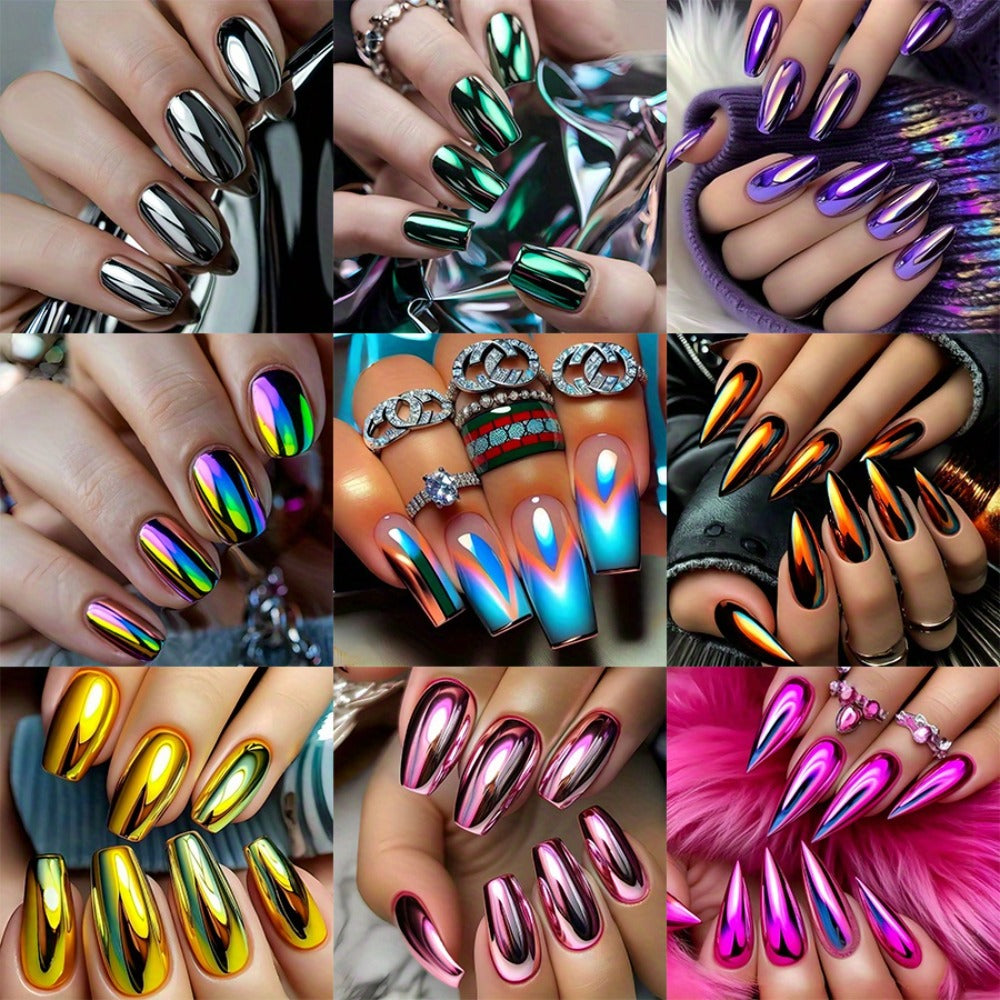 Press On Nails 216-Piece Almond Pointed Nine-Pack Set with Purple Pink Silver Gold Styles and Glue