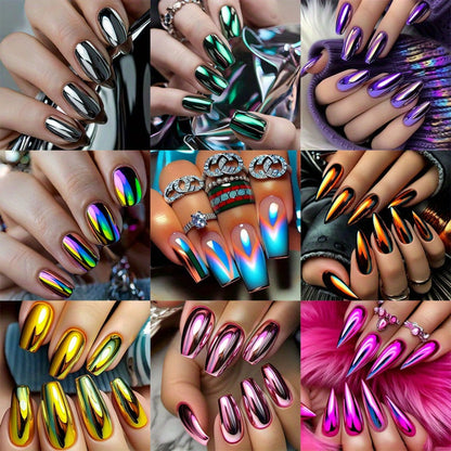 Press On Nails 216-Piece Almond Pointed Nine-Pack Set with Purple Pink Silver Gold Styles and Glue