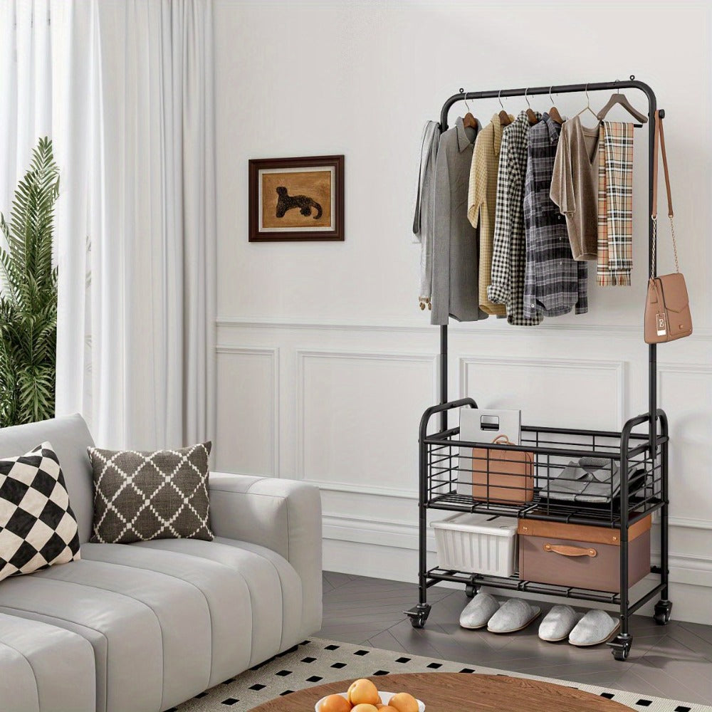 Rolling Laundry Basket Cart with 70.25-Inch Hanging Rail, Two Shelves, Four Casters and White, Black or Silver Frames
